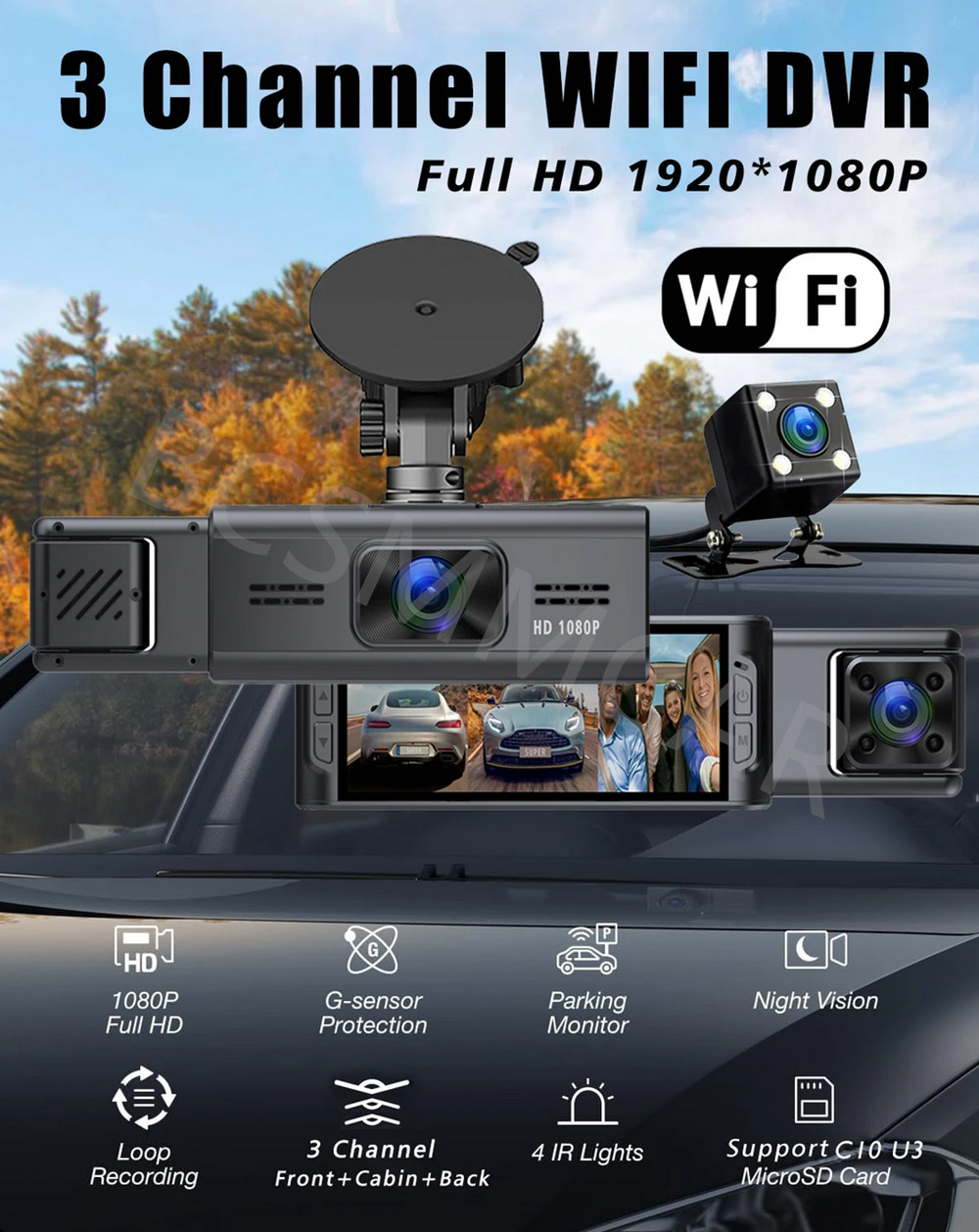 1080P HD Dash Cam Car DVR Camera 3 Channel Mini Driving Recorder Wifi G-sensor