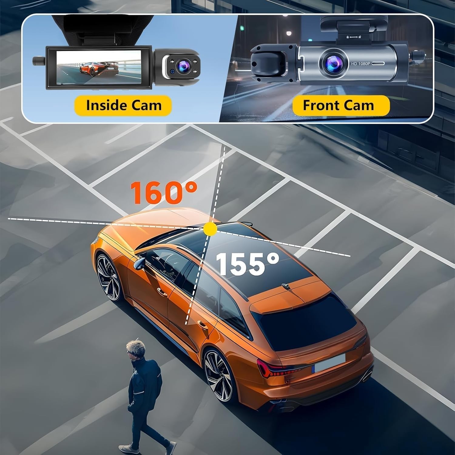 Car Dash Camera Front Inside Night Vision Loop Recording Wide Angle 3.16 IPSc…