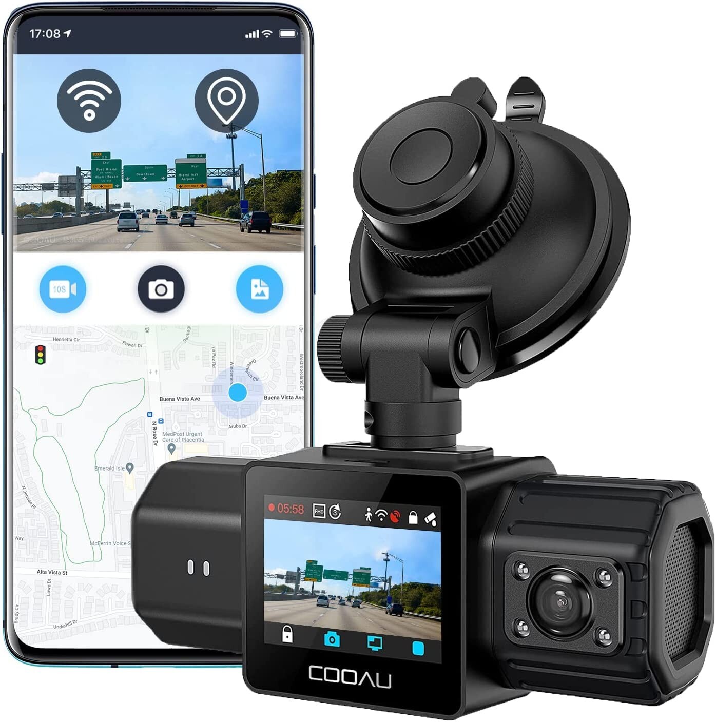 COOAU Dual Dash Cam Built-in GPS 1080P Front and Inside Dash Camera for Cars