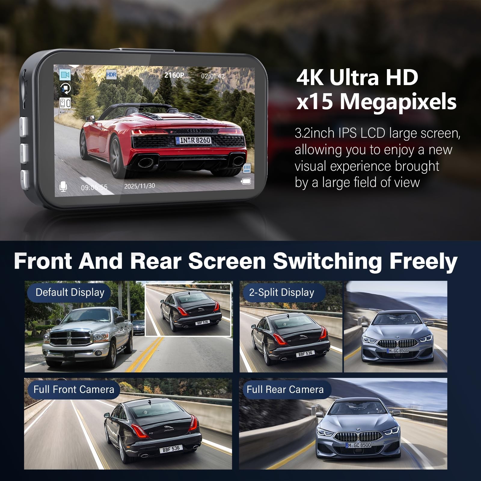 Miden 4K+2.5K Dash Cam Front and Rear,Free 64G SD Card,2160P+1600P UHD Dual D…
