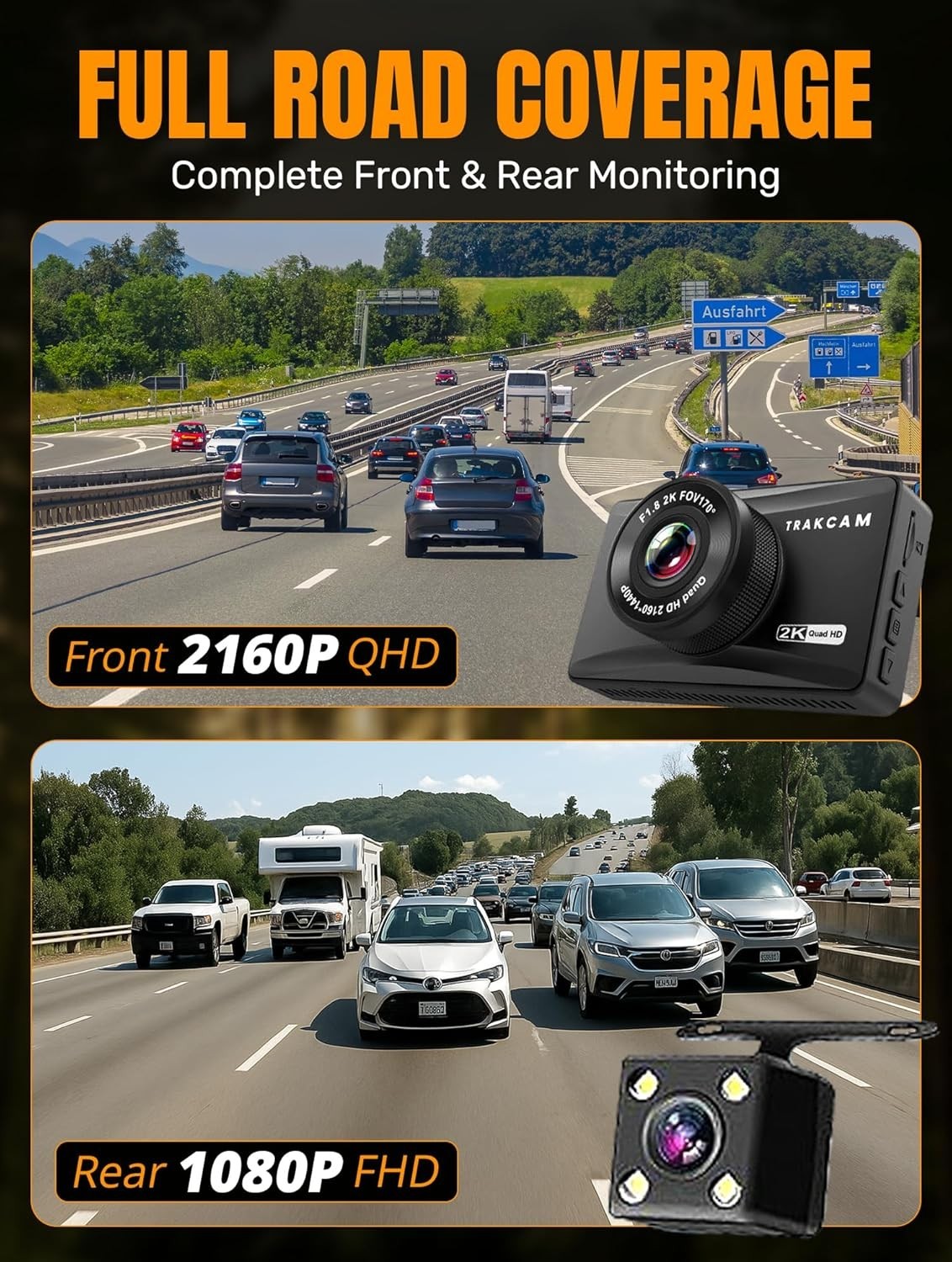 2K Dual Dash Cam Front Rear GPS WiFi Night Vision 3 Inch IPS 32GB Reverse Assist