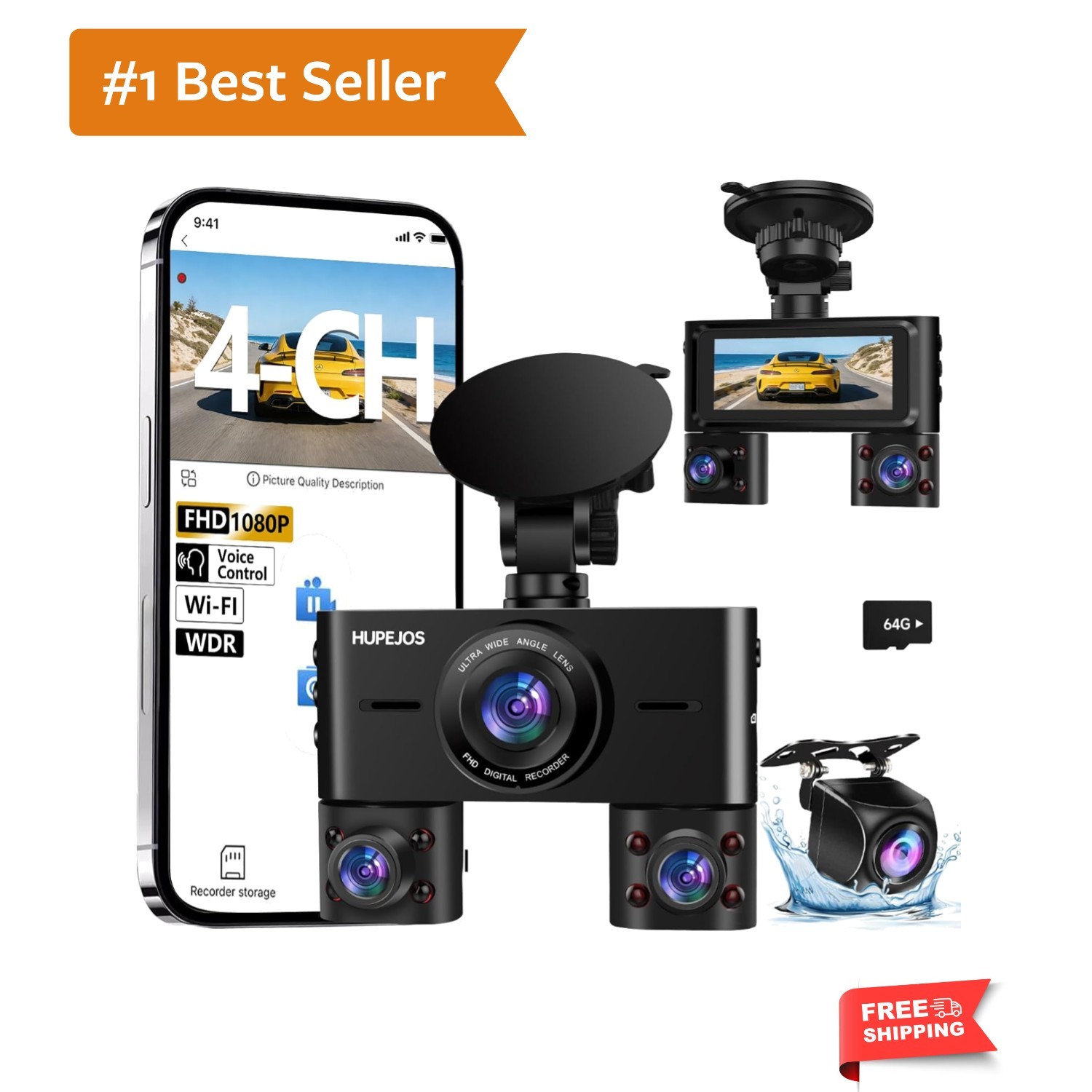 360° View Dash Cam Front and Rear Inside, 4 Channel Camera for Cars | 3.16” I…