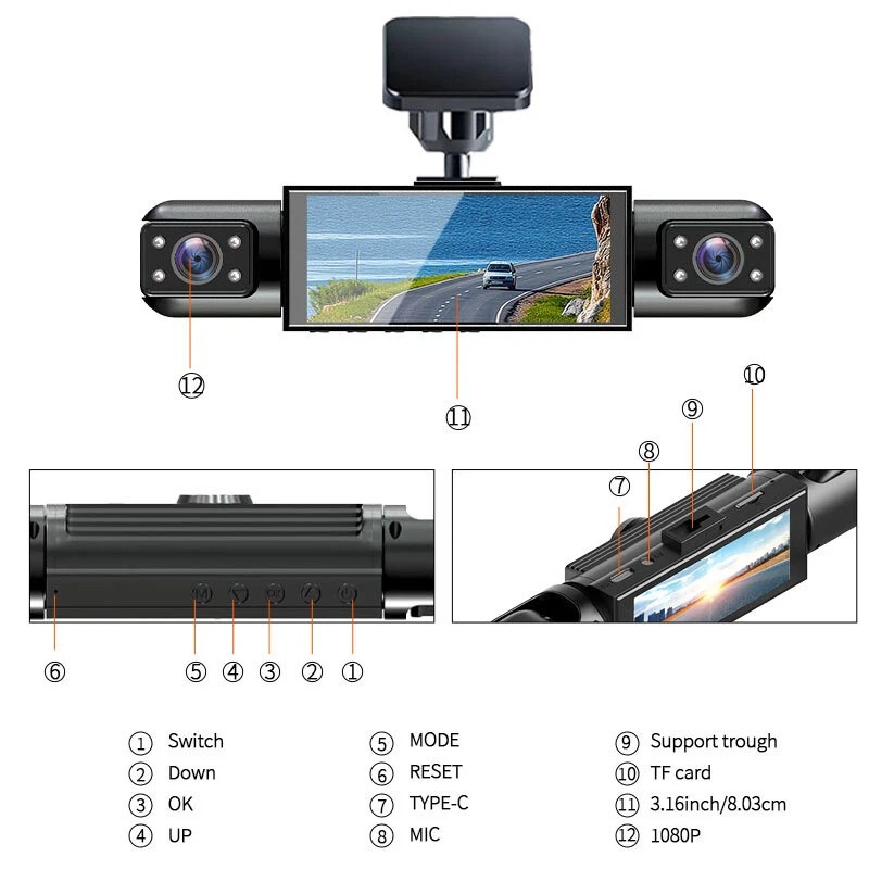 1080P Dash Cam 360° Front Rear Left Right 4 Dash Camera With 64GB SD Card US
