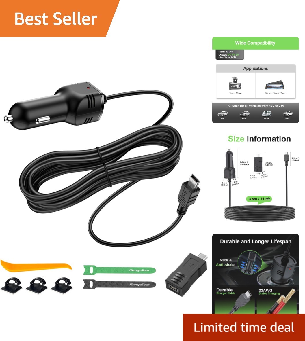 Car Dash Cam Charger with Mini and Micro USB Interfaces 3.5m Cable