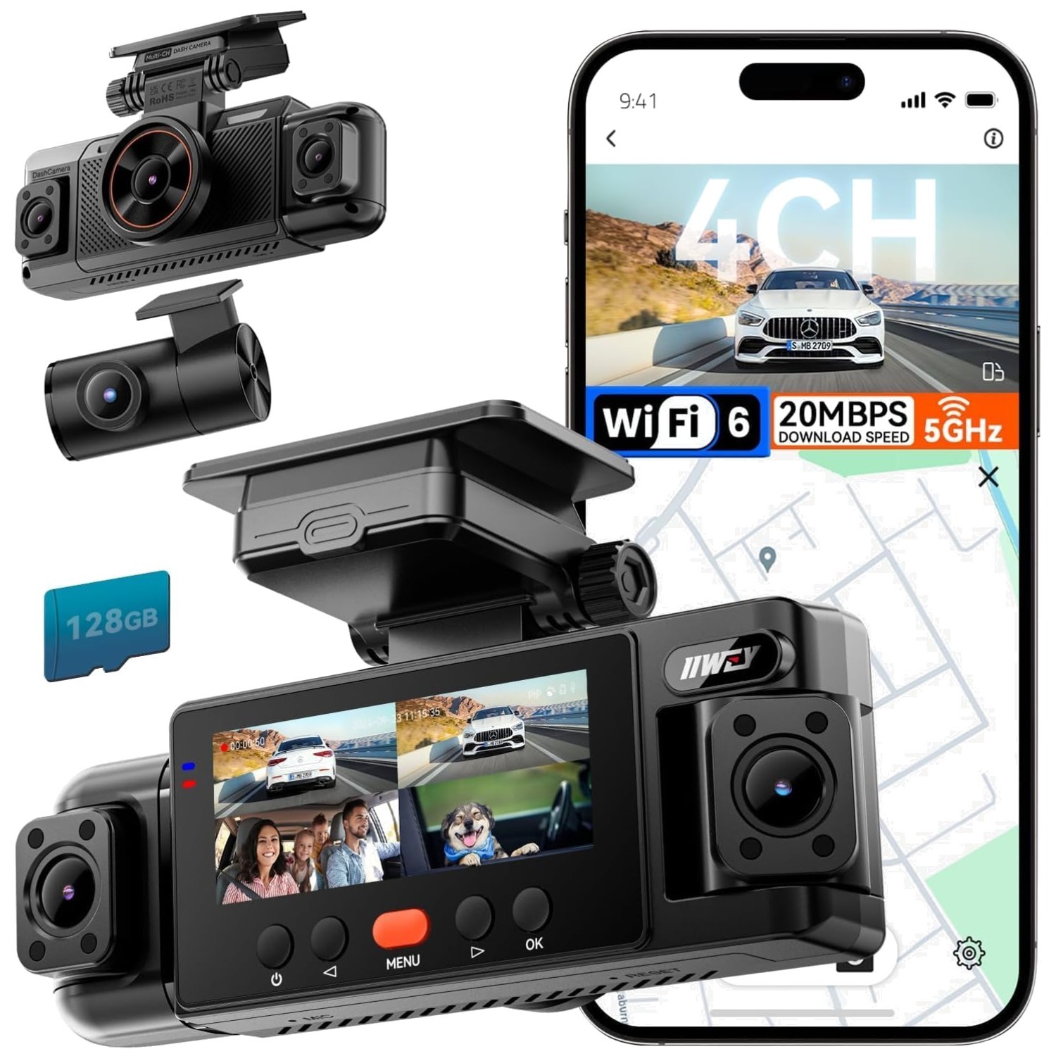N6 360° Dash Cam 4-Ch, WiFi-6, 128GB Card, FHD Front & Rear