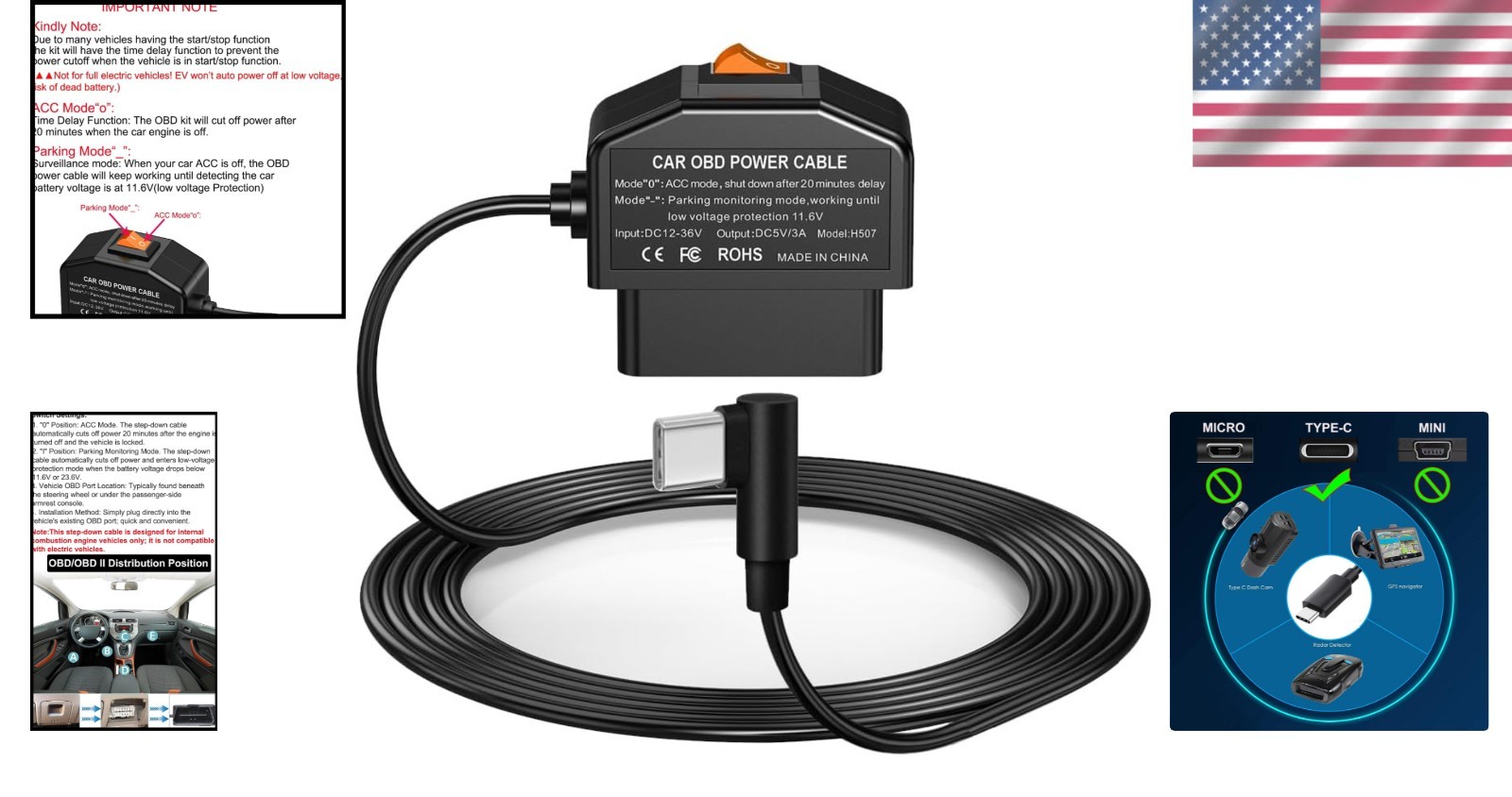 Dash Cam OBD Hardwire Kit – USB Type C with Low Voltage Protection