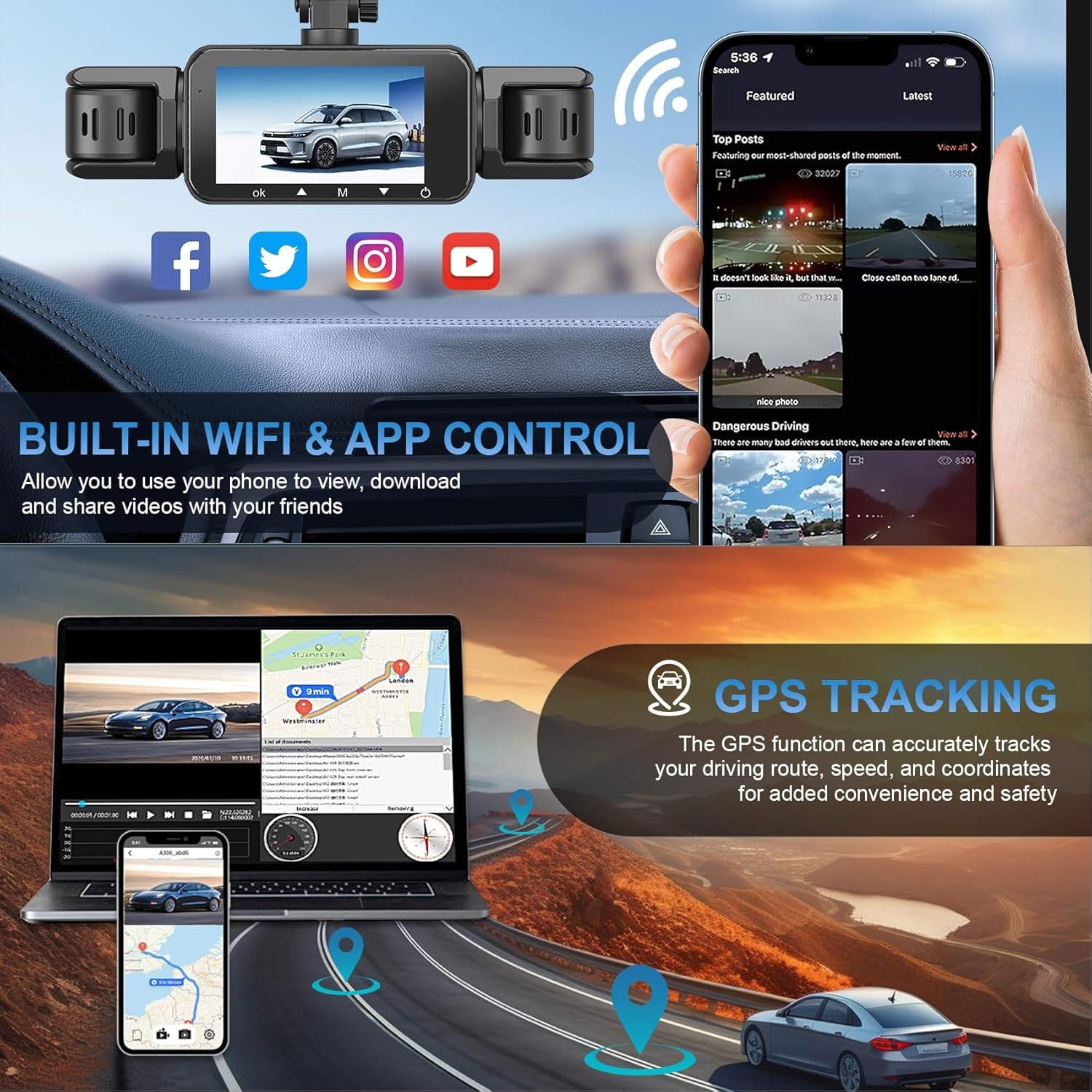 4Lens Dash Cam Wifi&5G Front Rear Inside Dash Cam 360° 1080P Car Camera 64GB