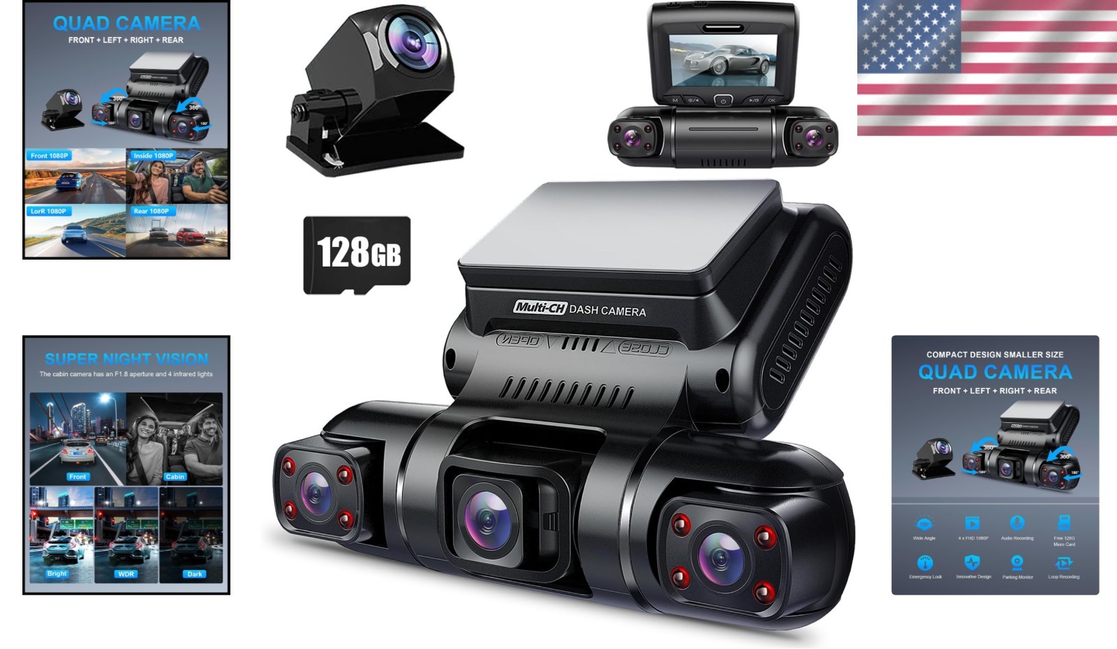 Full Coverage 4-Camera Dash Cam FHD 1080P, Built-in GPS WiFi