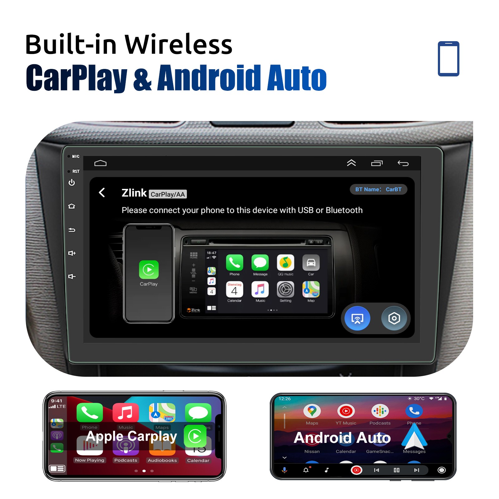 9″ 4+64GB Double 2 DIN Apple CarPlay Car Stereo Radio GPS Navi Cam Android 15 BT