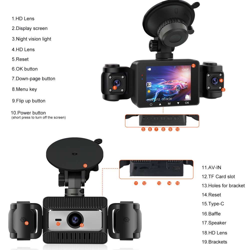 4 Channel Dash Cam 360° Dash Camera HD 1080P 4 Lens Driving Recorder w/64GB Card