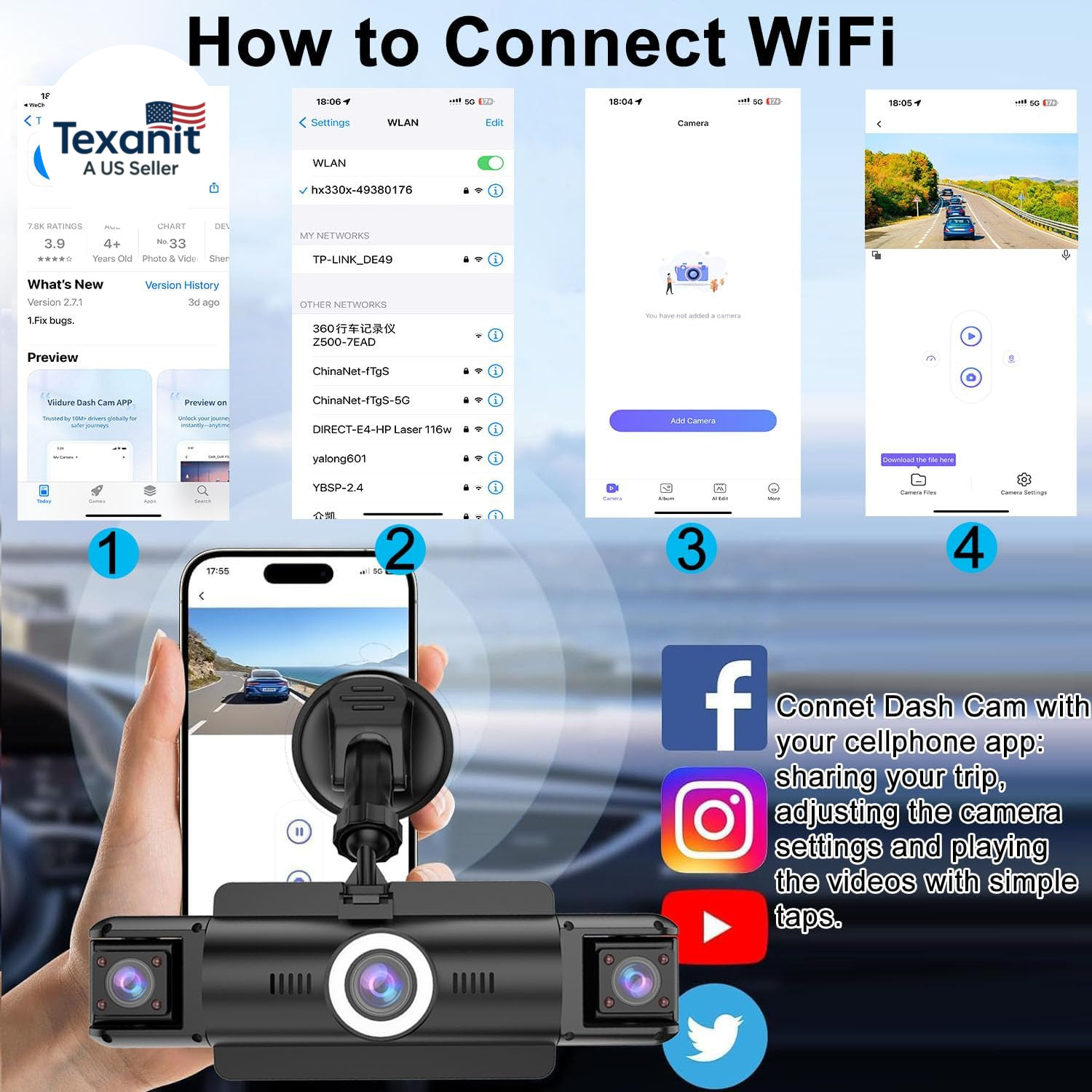 4 Channel 4K Dash Cam Front and Rear Inside, 360° View 1080P Dash Camera for Car