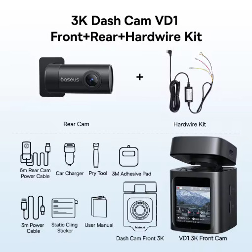 Baseus VD1 3K Dash Cam Front Rear GPS Car DVR Recorder 24H Parking Monitor