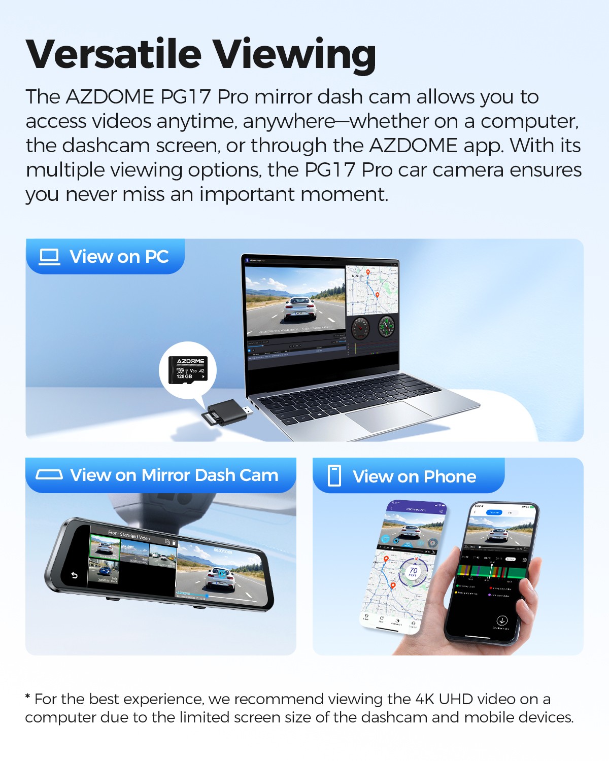 AZDOME Dual 4K+2.5K HDR Mirror Dash Cam IMX678 STARVIS 2 5.8G WiFi GPS 128GB TF