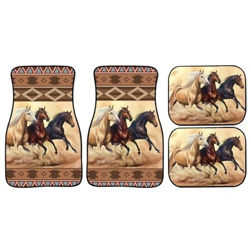 Horse Pattern Car Floor Mats Aztec Ethnic Style Three Horses Run in Brown