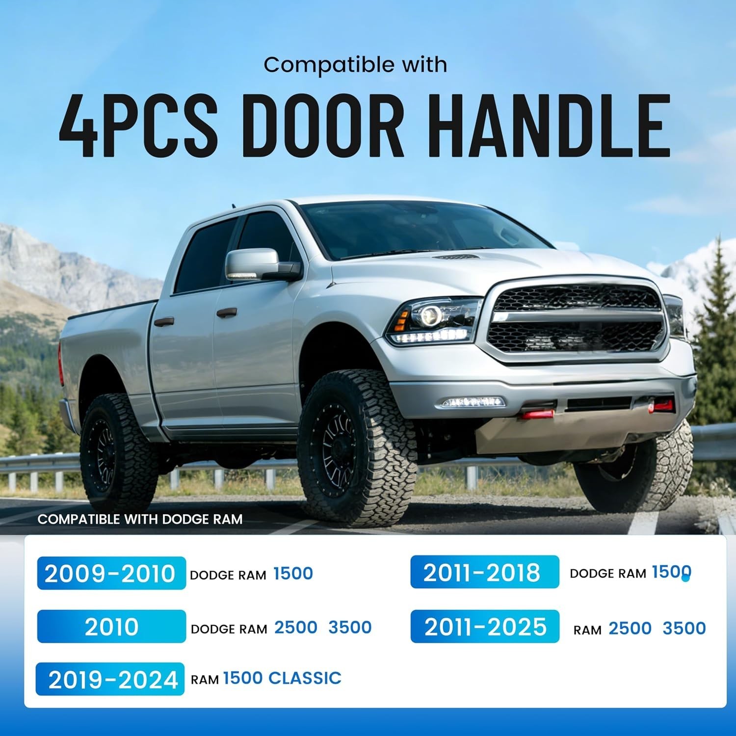 4Pcs Door Handle Compatible with 2009-2025 Dodge Ram 1500 Classic 2500 3500