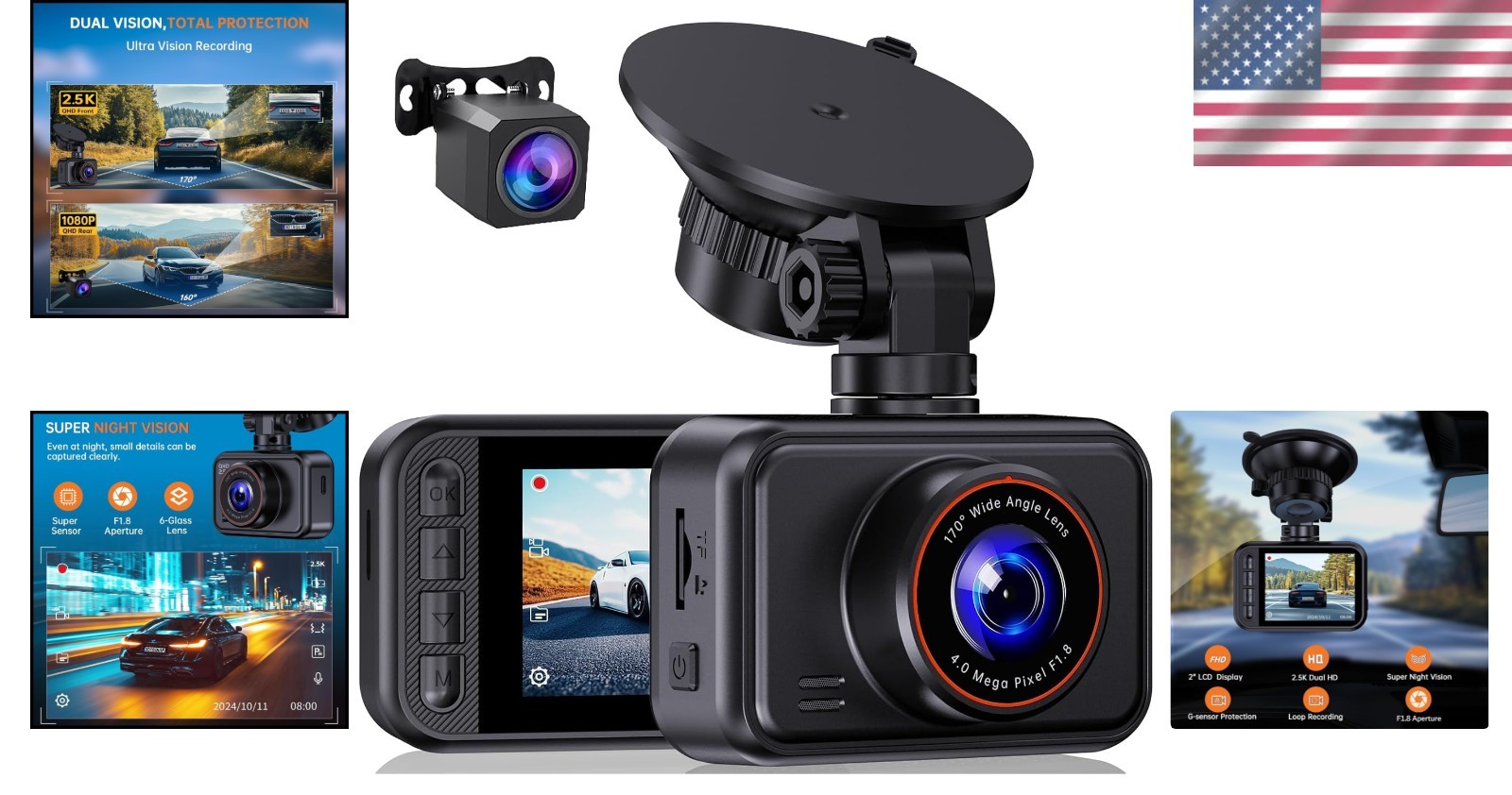 Dual Car Dash Camera | 2.5K Front, 1080P Rear, WDR Night Vision, 2″ IPS Screen