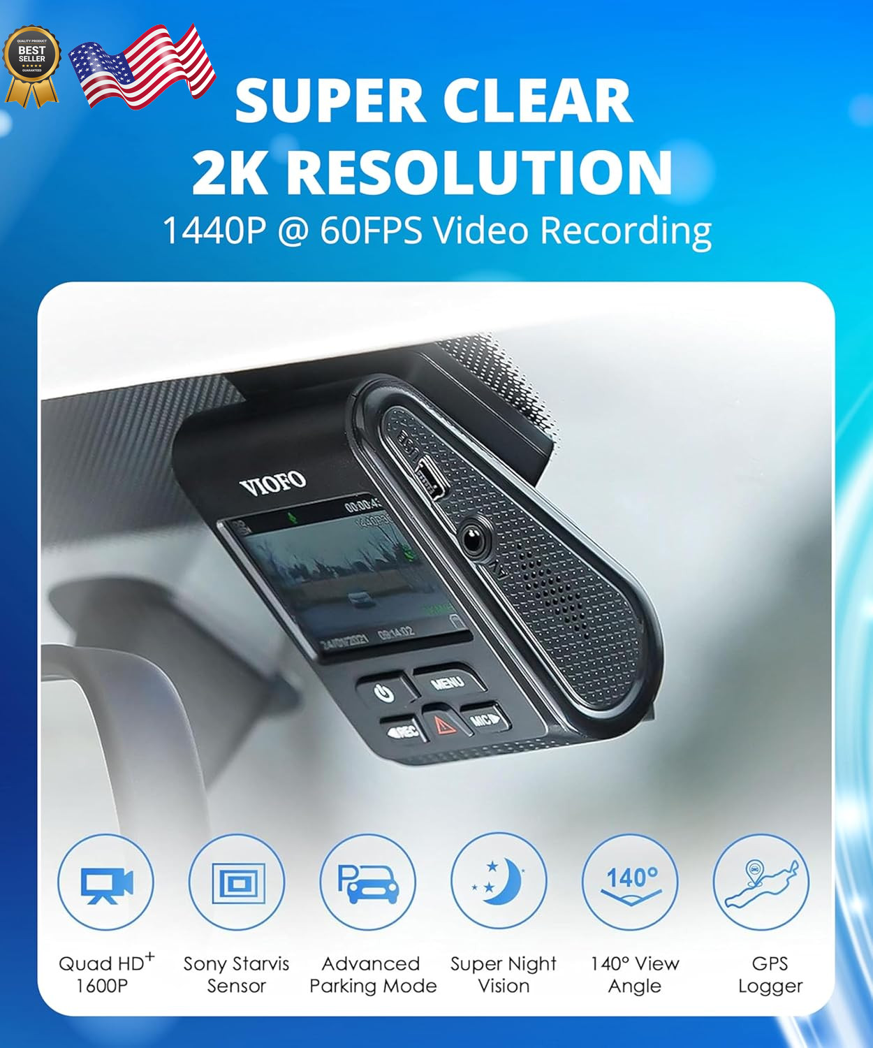 Dash Cam 2K Front Recording GPS True HDR Car Dashcam 2560X1660P A119 V3