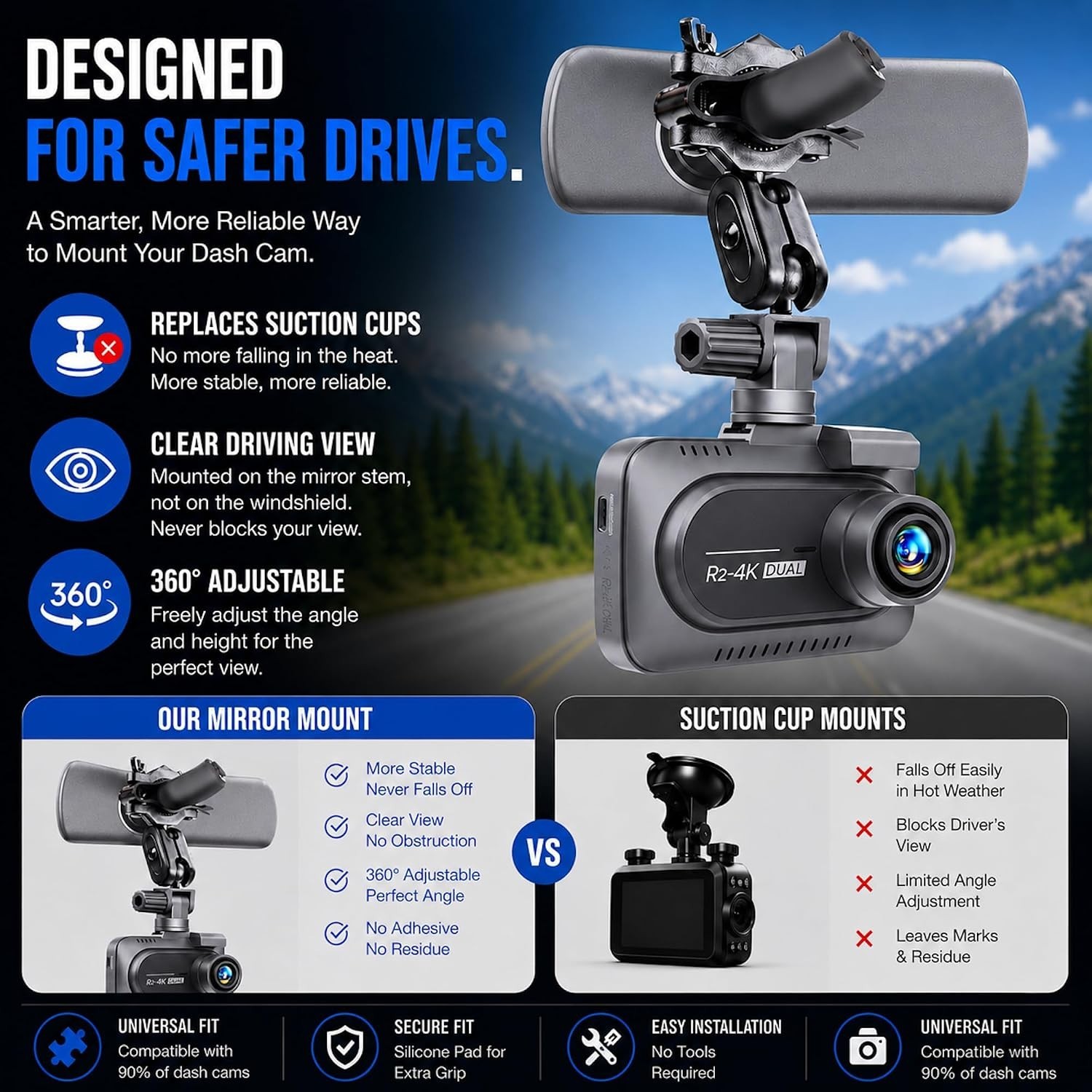 360-Degree Adjustable Dash Cam Mount for Rove R2-4K | Rearview Mirror Holder