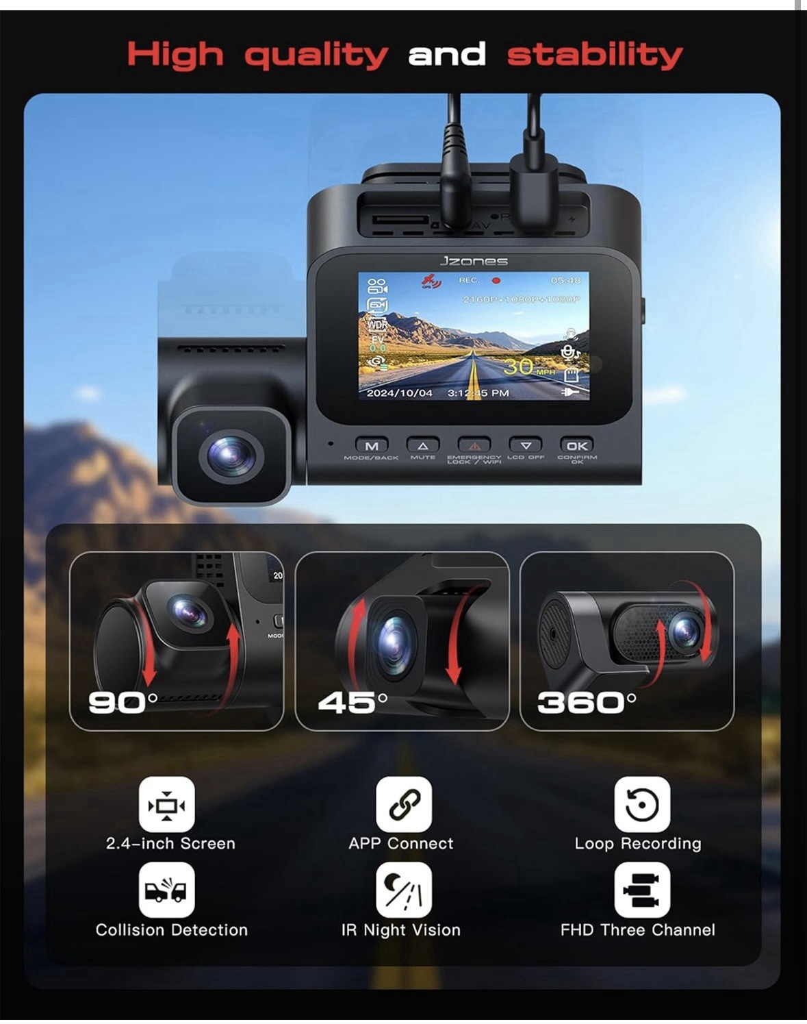 3 Channel 4K Dash Cam,1080P Front Inside and Rear,GPS,24H Parking Mode,64GB Card