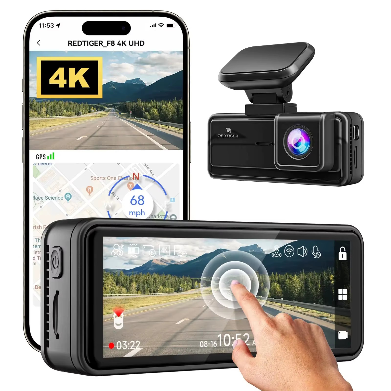 F8 4K+1080P 5.8G Wifi Dash Cam Front and Rear GPS Dash Camera for Cars Front Nig