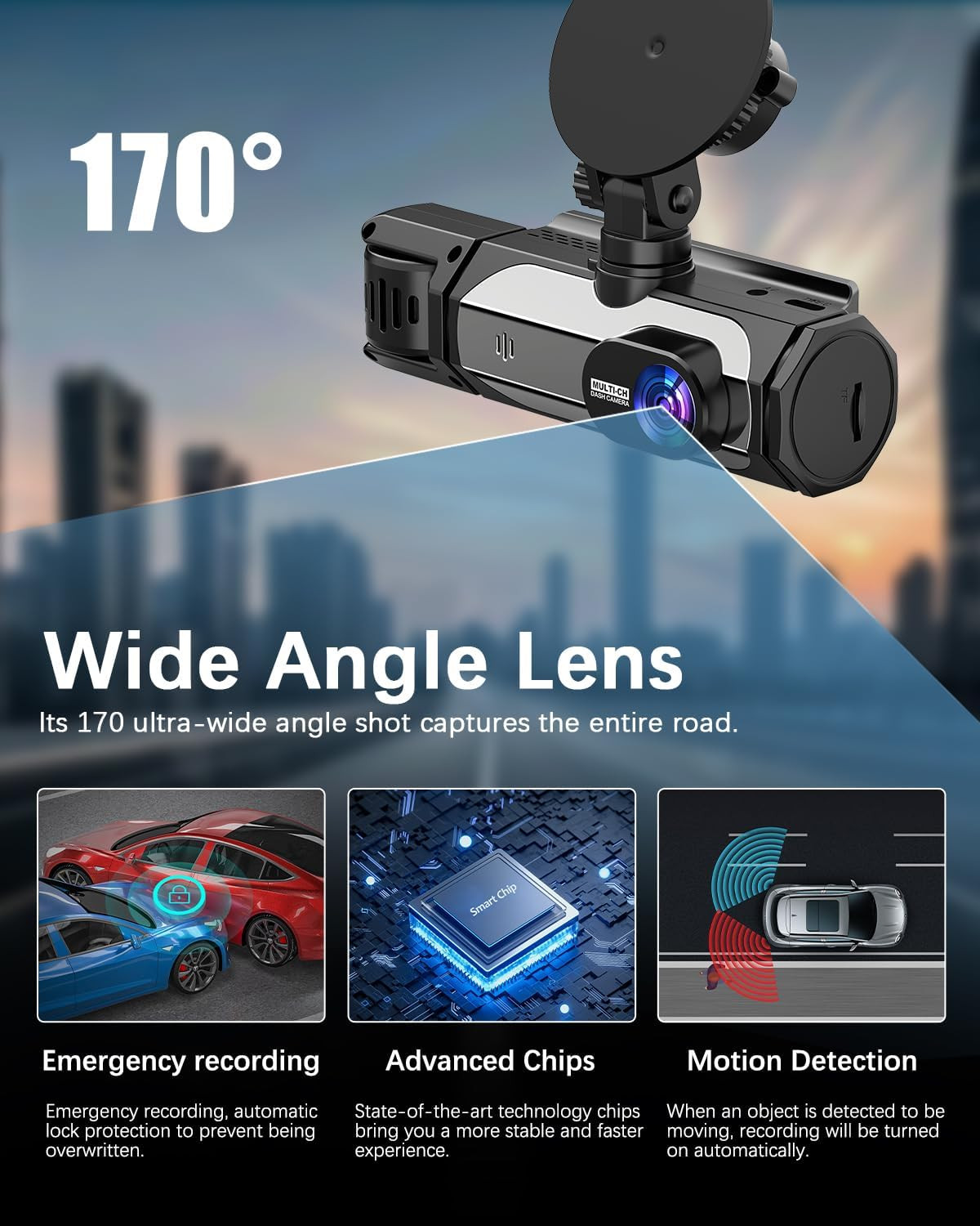 Dash Cam Front and Rear, 1080P Dash Camera for Cars, 3 Channel Car Camera Front