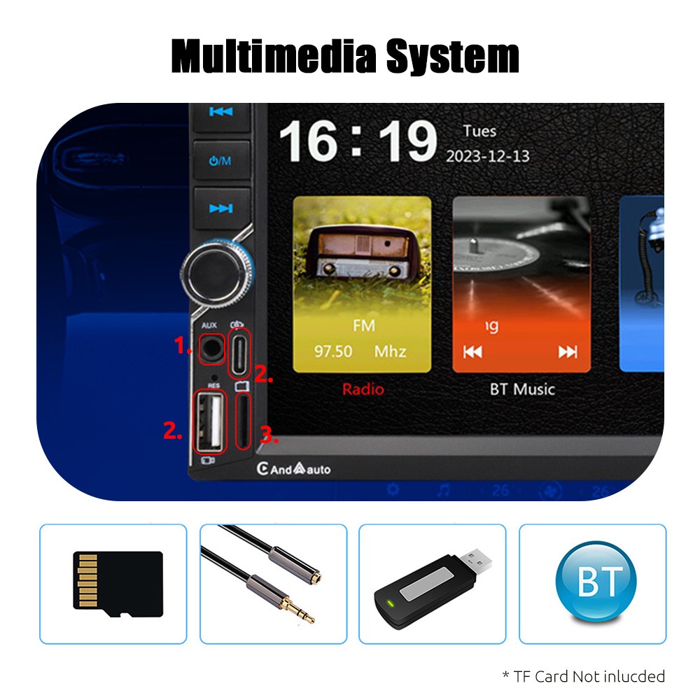 Double Din Car Stereo Wireless Apple CarPlay 7″ touchscreen Bluetooth Radio +Cam