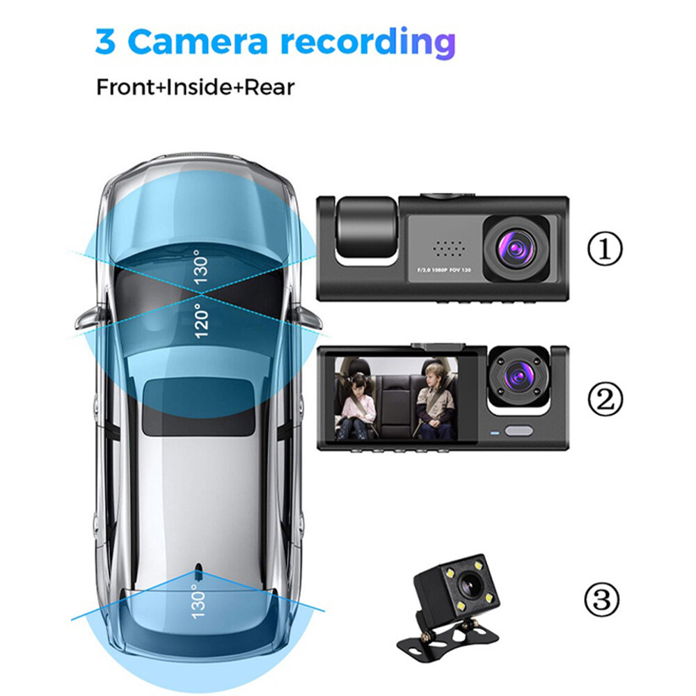 Dual Lens Car Dash Cam 1080P HD Front/Rear/Inside Video Recorder Camera G-Sensor