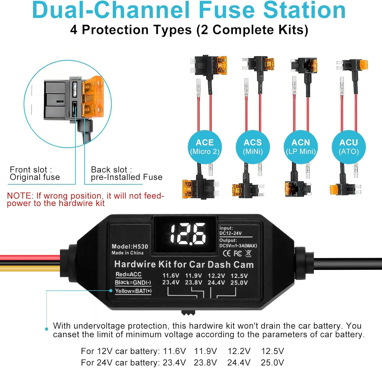 Dash Cam Hardwire Kit USB C, 12V-24V to 5V/3A Adapter Power Cable with Voltage D
