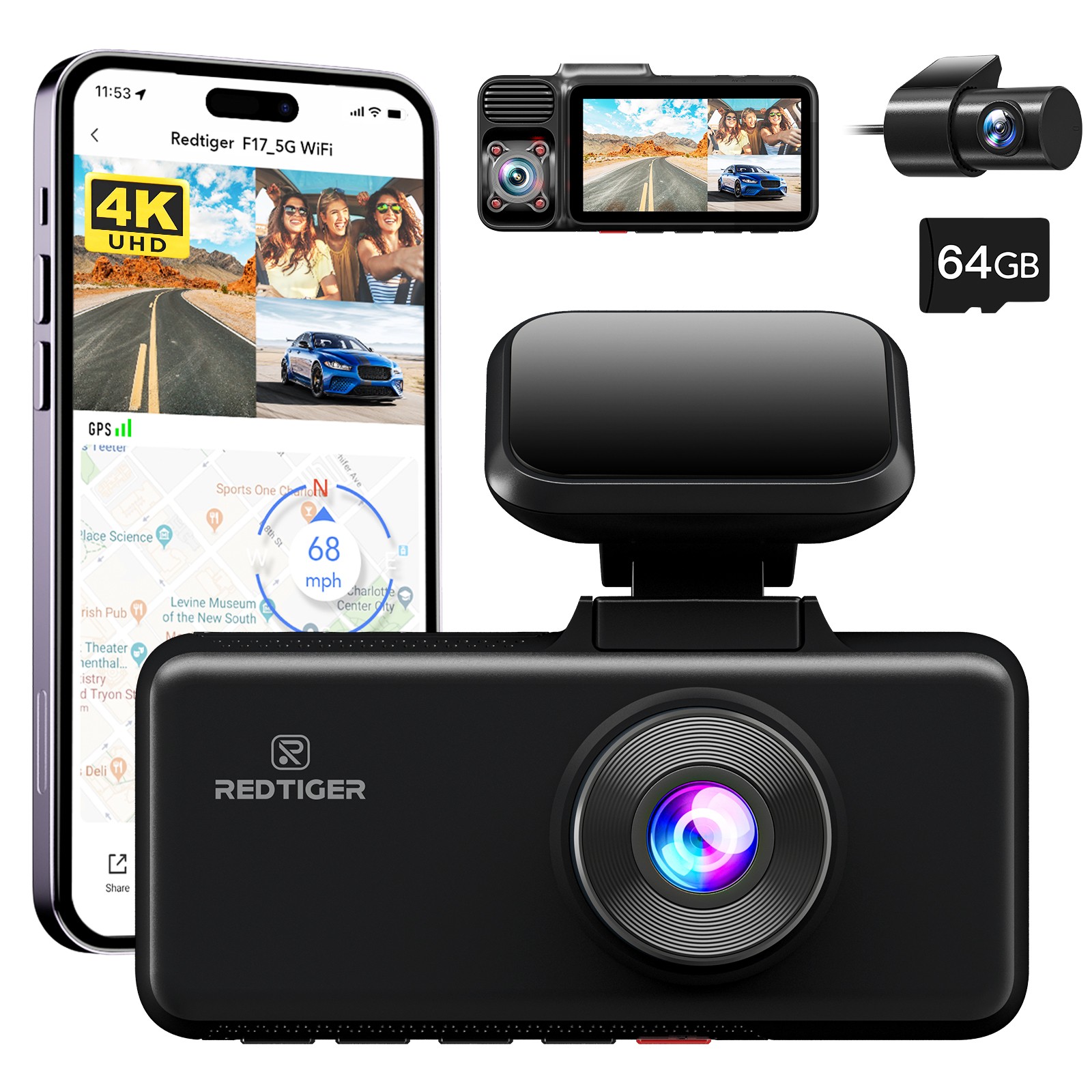 REDTIGER F17 4K Dash Cam 3 Channel Front and Rear Inside 64GB SD Card 5G WiFi