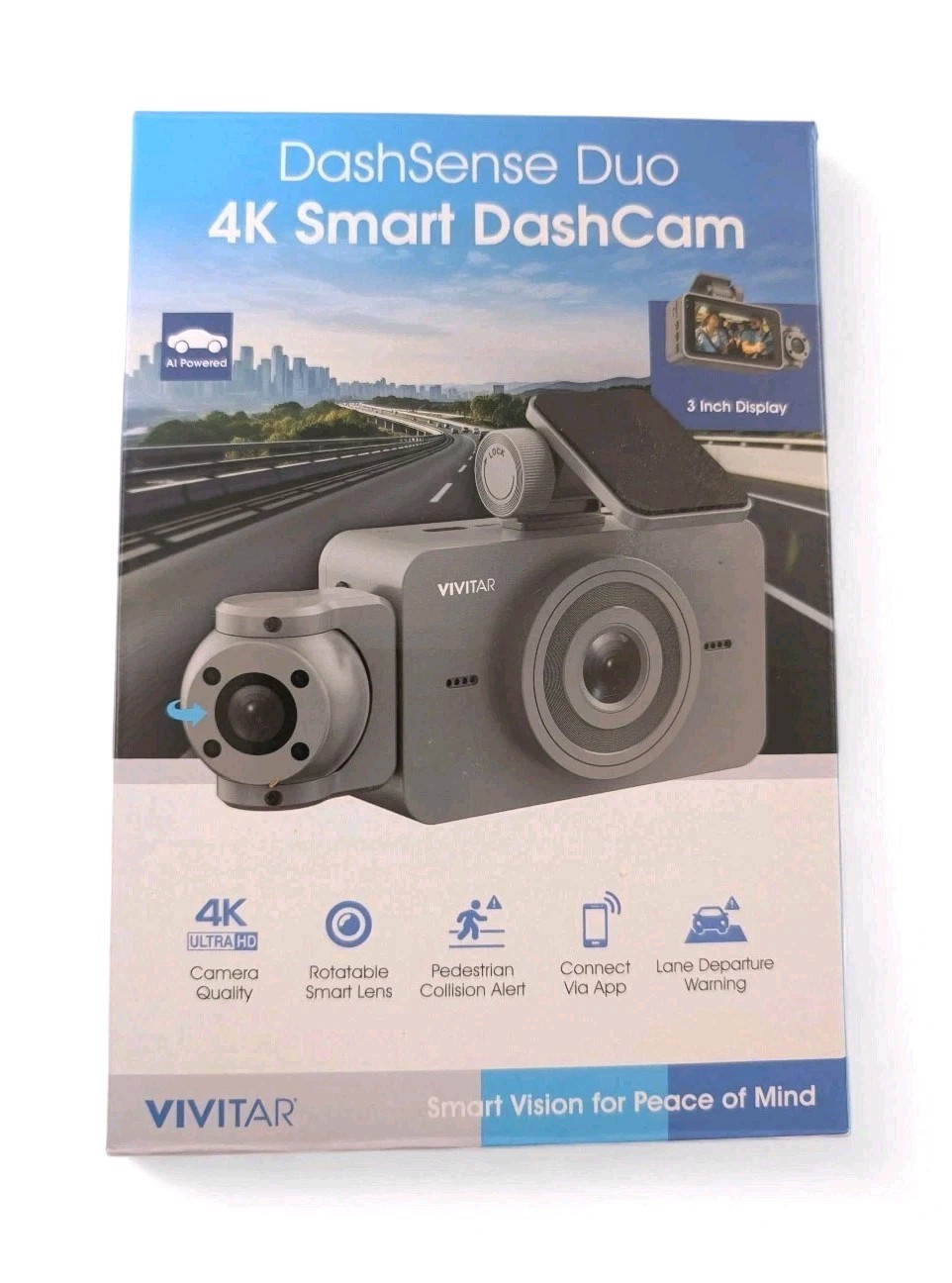 Vivitar 4k Smart Dash Cam Dashcam Dashsense Duo AI Powered-Gray-NEW In Box