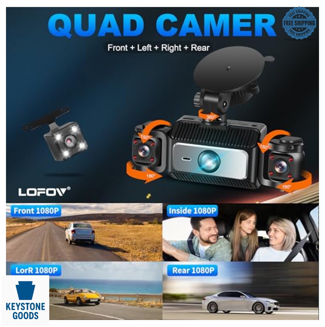 4 Channel Dash Cam 360 Degree 1080P Front Rear Inside 2.4 Inch Screen Night