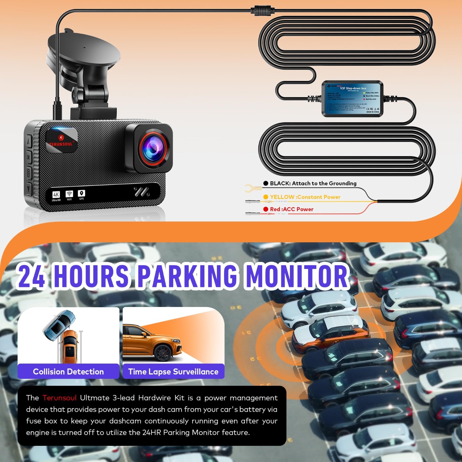 Universal Dash Cam Hardwire Kit with Voltage Indicator – 9.8ft, Multi-Size Acc P