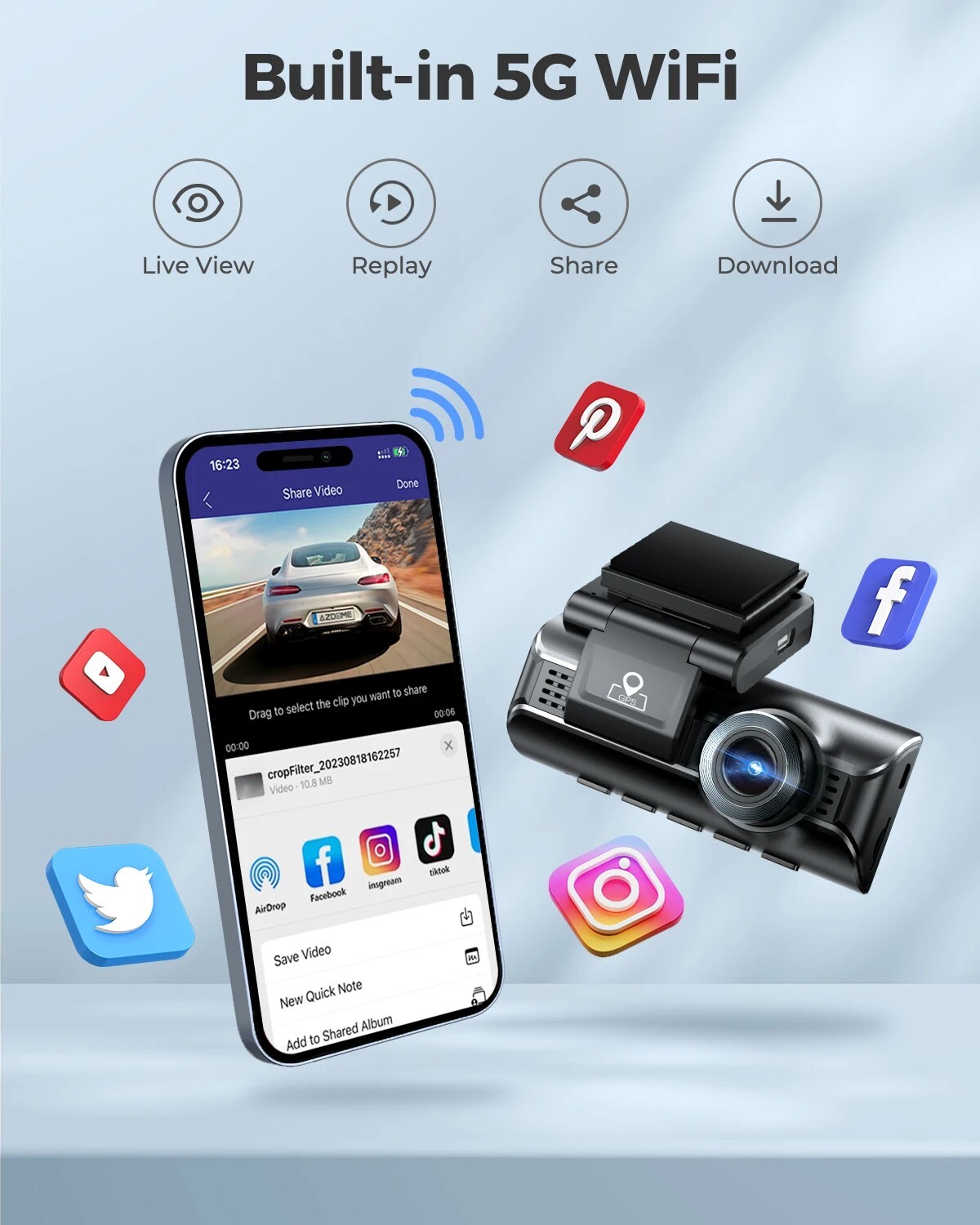AZDOME M550 Pro 5.8Ghz WiFi 3 Channel Dash Cam 4K+1080P Built-in GPS 3.19″ IPS S