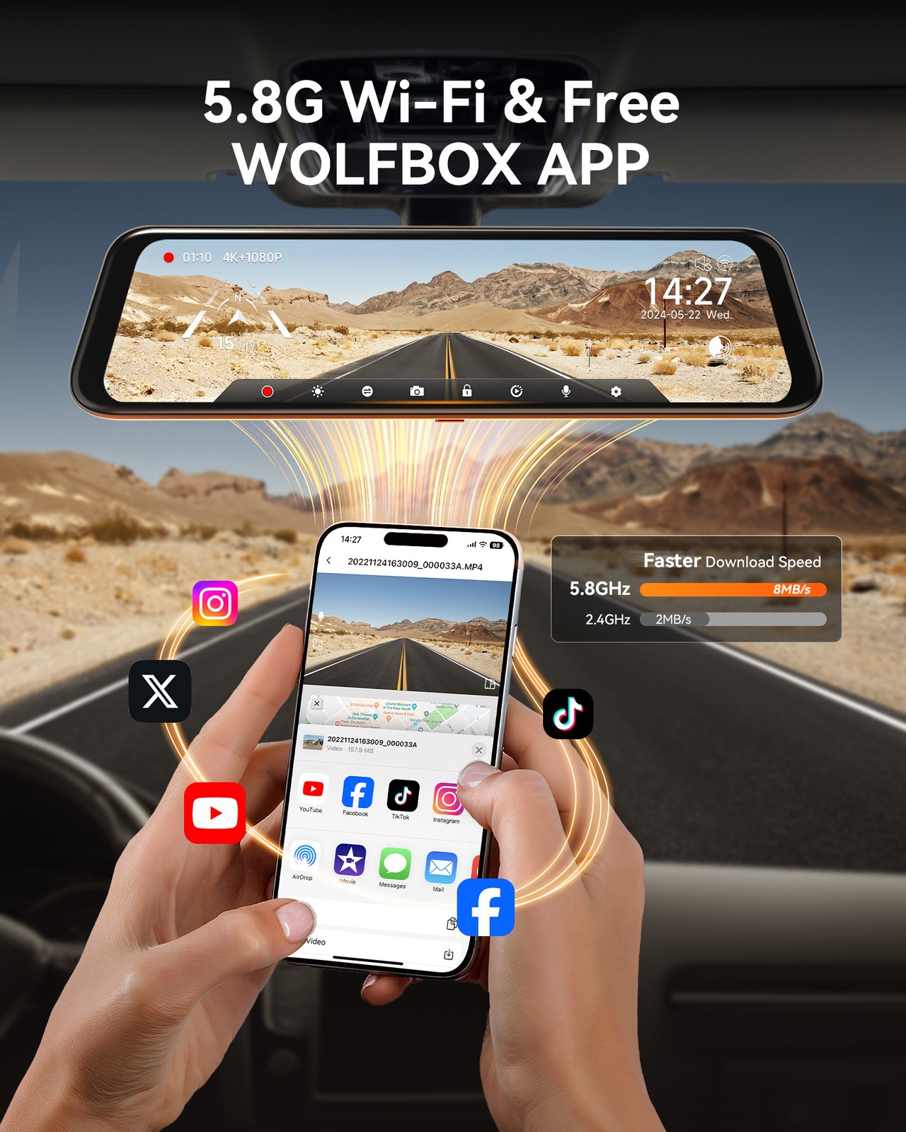 WOLFBOX 4K Mirror Dash Cam12” Dual Dash Cameras Parking Monitoring 32GB SD