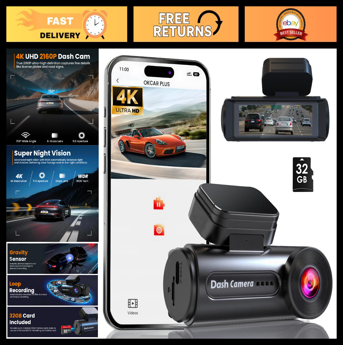 4K Dash Cam with WiFi, Night Vision, Loop Recording, G-Sensor, 32GB Card, 24H Mo