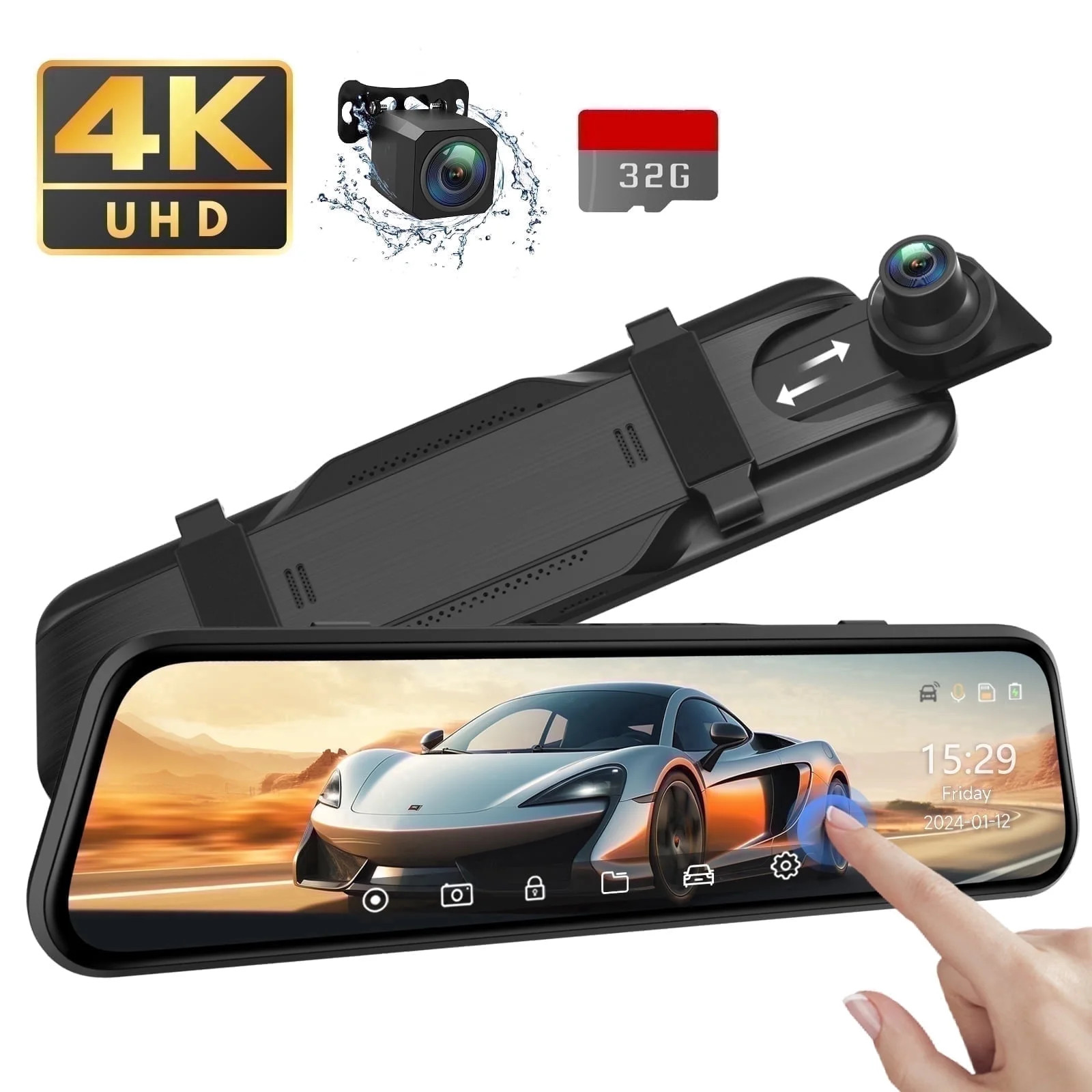 4K UHD Dual Dash Cam Front and Rear, 10″Touch Screen Mirror Camera, Night Vision