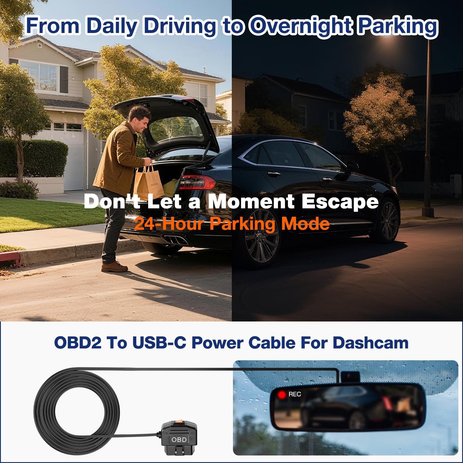 OBD Power Cable OBD2 to USB C 11.6V/23.4V 24/7 Parking Mode ACC Mode