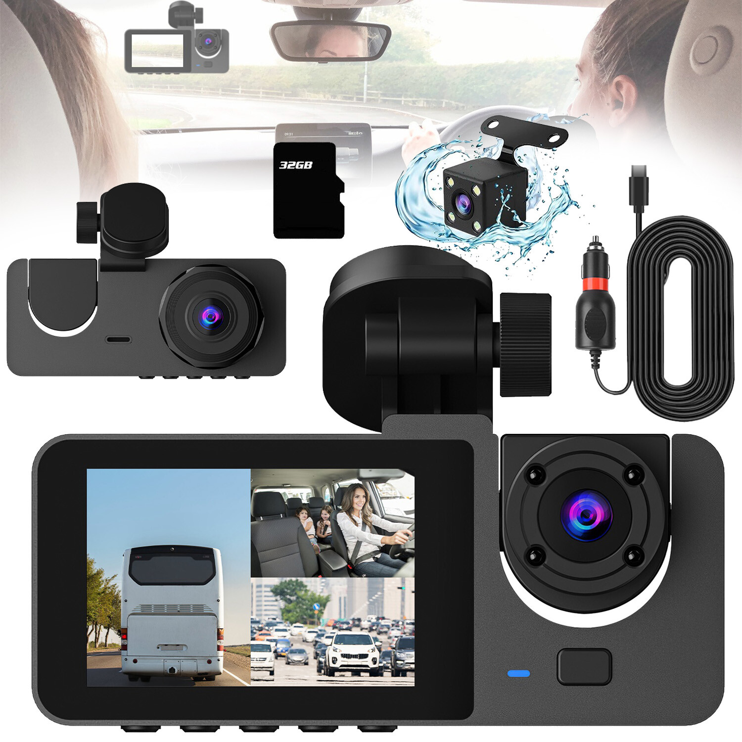 3 Channel 1080P Dash Cam Front Rear Inside Vehicle Driving Recorder Car DVR 32G