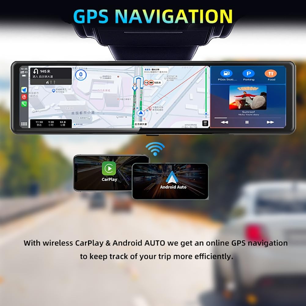 Wireless Carplay Screen 11.26 Inch 4K FHD Rearview Mirror Driving Recorder wi…
