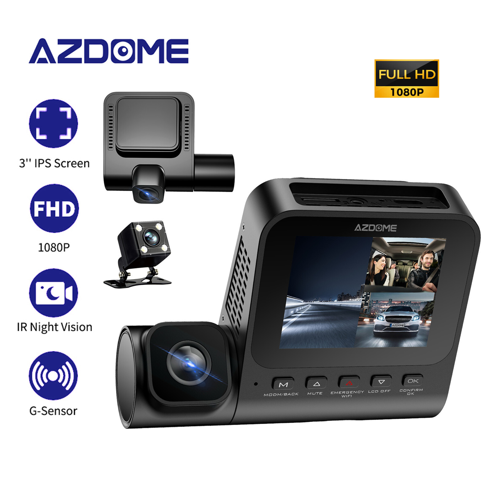 AZDOME 1080P+1080P+VGA 3 Channel Dash Cam 24H Parking Mode Night Vision Recorder