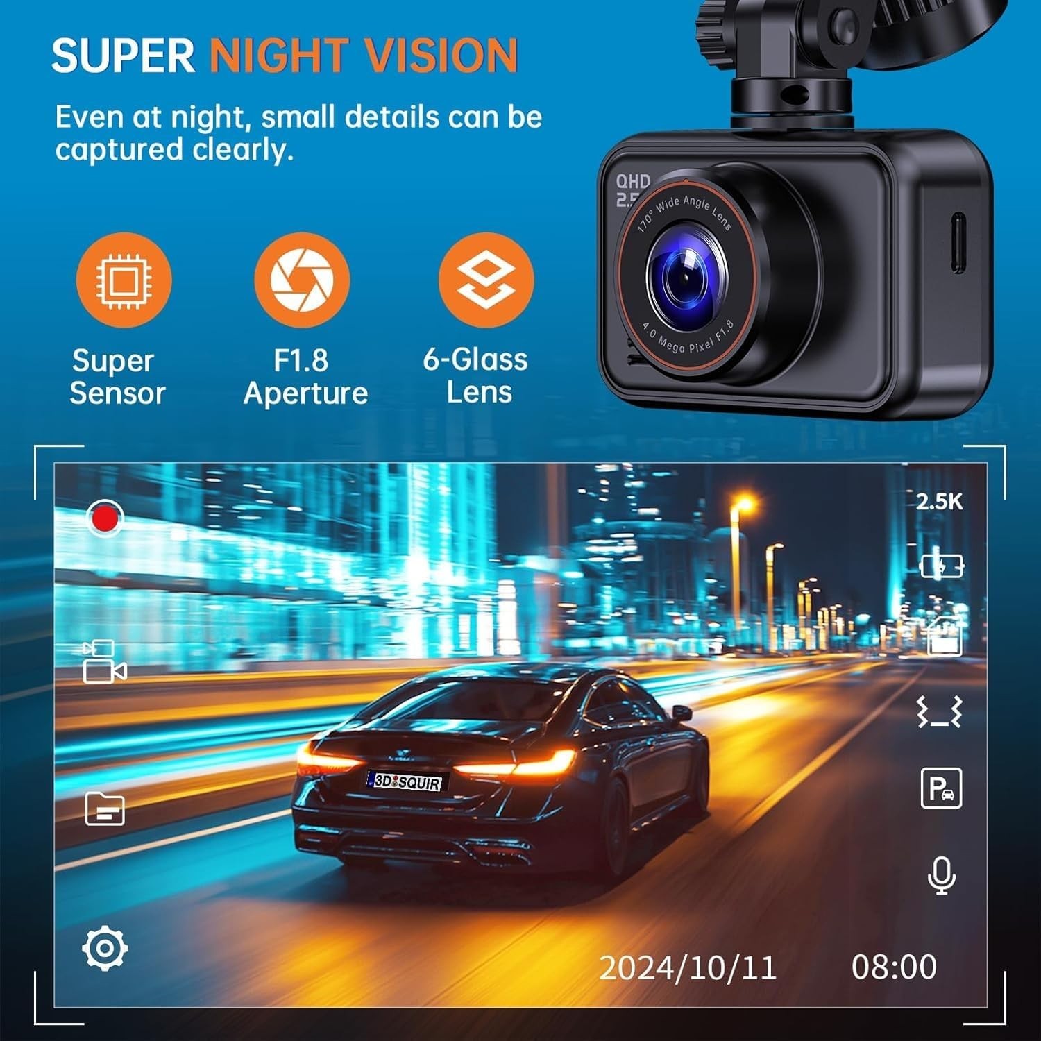 2.5K Dual Dash Cam Front & Rear Car Camera 24H Parking G-Sensor Night Vision