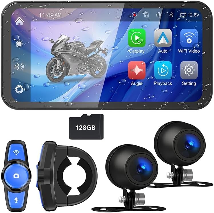 6.25 Inch Motorcycle Dash Cam, Wireless CarPlay and Android Auto