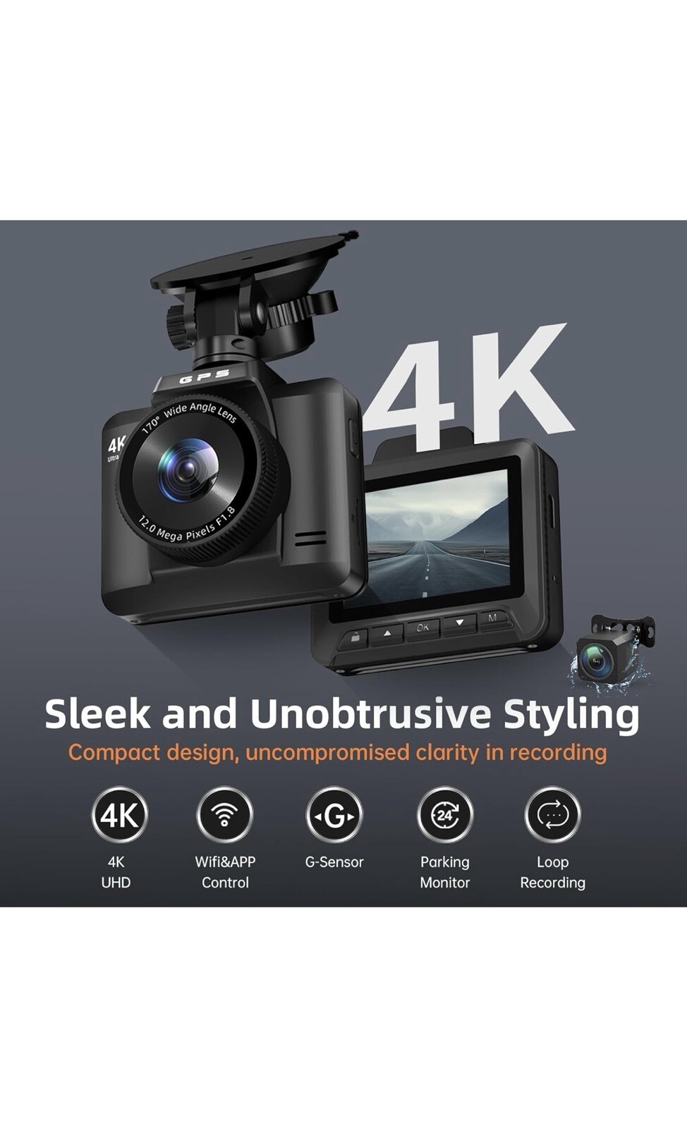 Ecomoment Front And Rear Dash Camera GT802 4K With 32 Gig Memory Card Included