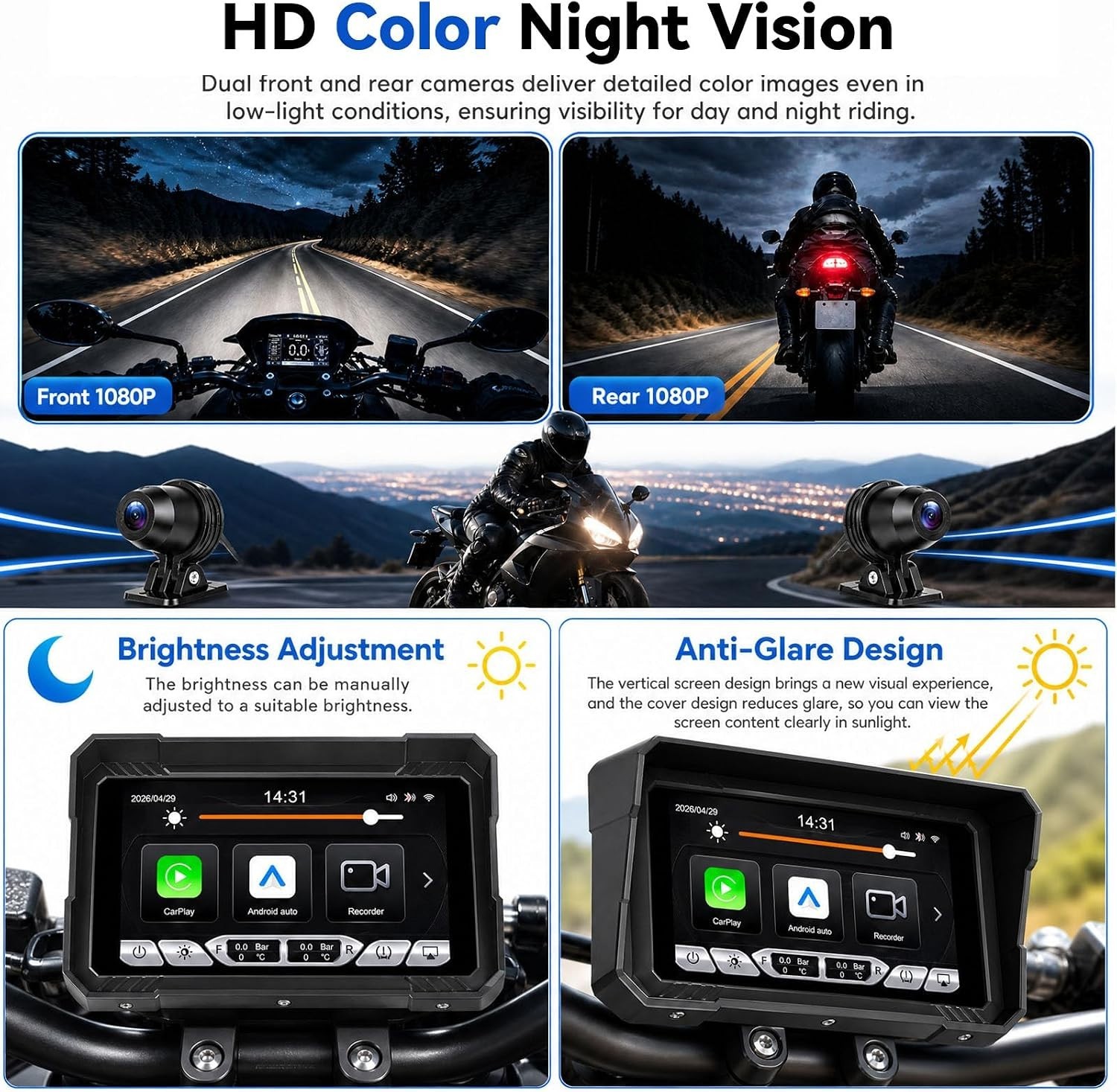 Motorcycle Dual 1080P Dash Cam A-pple Carplay Screen Bluetooth Loop Recording