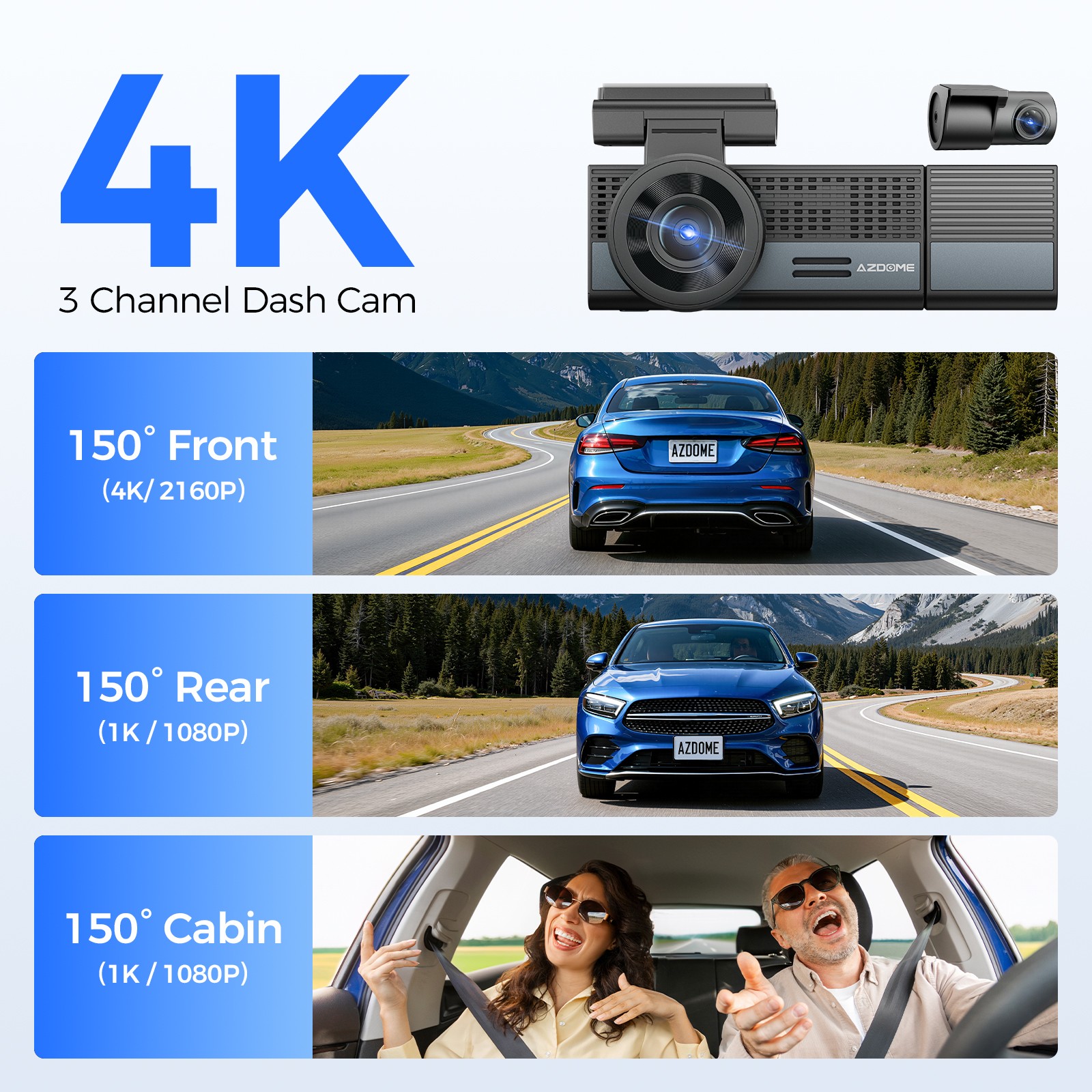 AZDOME 4K Dash Cam Front&Cabin&Rear WiFi Parking Mode Voice Control 64GB SD Card