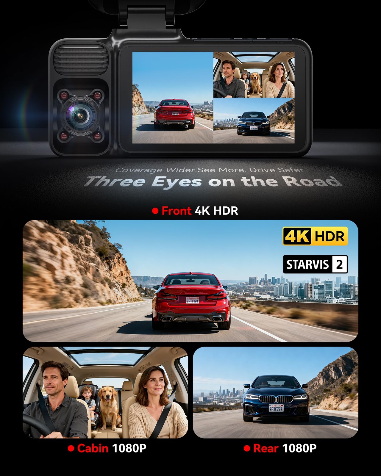 F17 4K 3 Channel Dash Cam, STARVIS 2 IMX675 HDR, 2160P+1080P+1080P Front Insi…