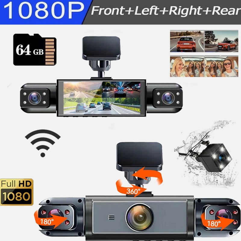 360° View 4 Channel Dash Cam FHD Front and Rear Inside Left Right Support 64GB