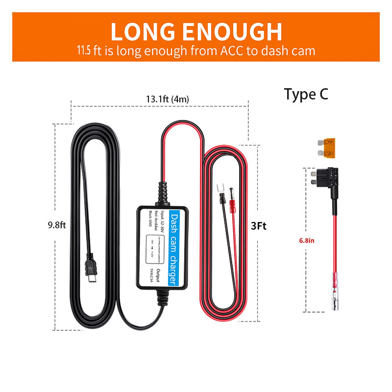 Mini USB Type-C Hardwire Kit Charger Lead Adapter for Mobius 1 Maxi 4K Dash Cam