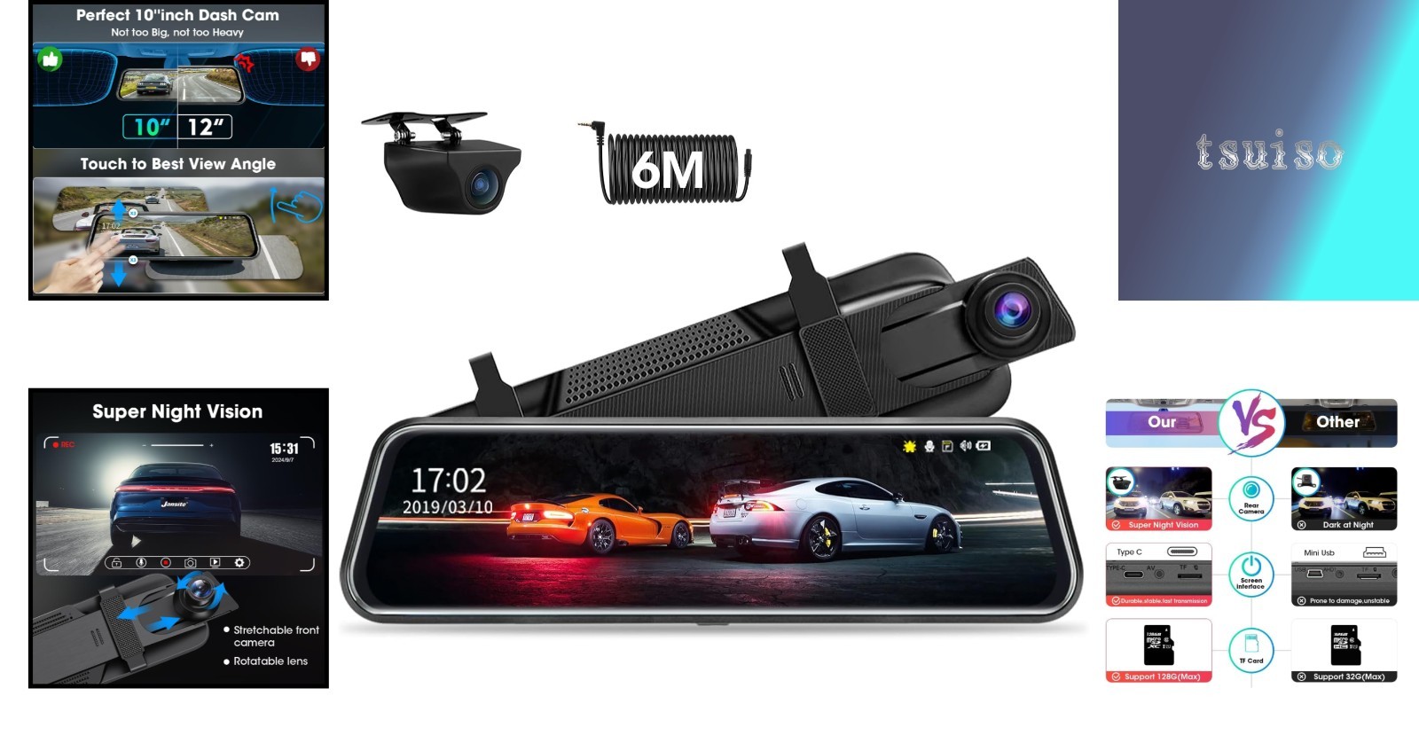 10” Touch Screen Rear View Mirror Camera – Dual 1080P, Waterproof, G-Sensor