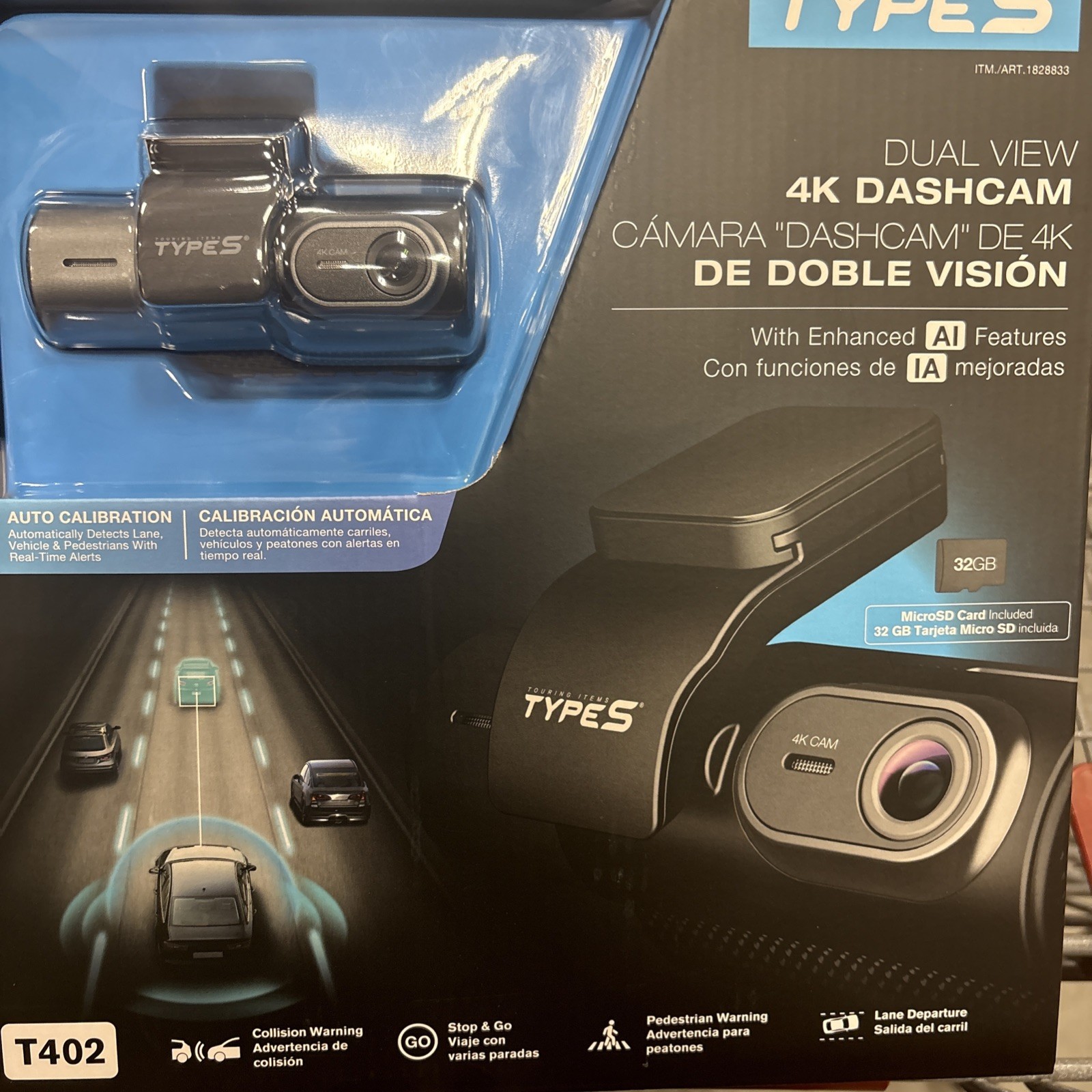 Type S T401 4K Dual View Dash Cam W/AI Power Driver Assist & in-Car Surveillance